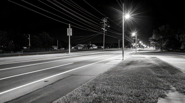 Empty highway at night, illuminated by streetlights. - Powered by Adobe