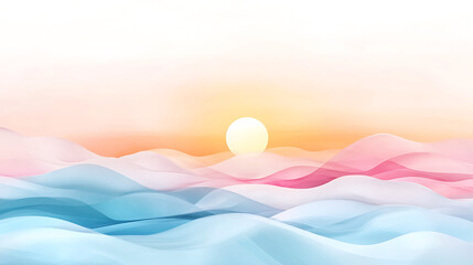 serene sunset over soft, flowing waves in pastel colors creates tranquil atmosphere. gentle hues of pink and blue blend beautifully, evoking sense of calm and peace