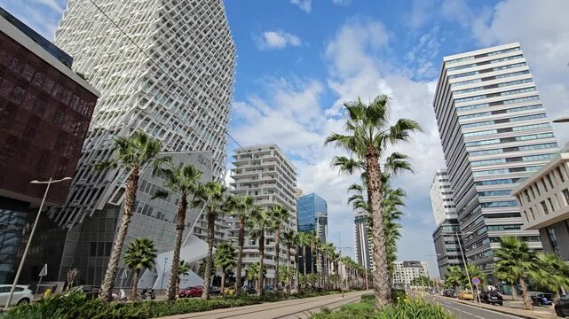 Casablanca, Morocco - November 18, 2024 : view of business buildings Finance City Anfa Park Tower or CFC Tower - the new finance district in Casablanca