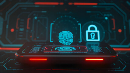 Biometric scanning interface on futuristic device set against a dark digital interface with lock