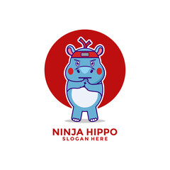 Cute Hippo Ninja Cartoon vector logo icon, cute baby Ninja hippo logo design template