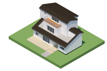 3D architectural rendering of a modern two-story house with a slanted roof, featuring a balcony and large windows. The house is situated on a grassy base, with a paved pathway leading to the entrance.