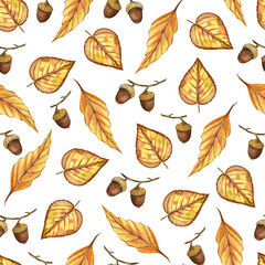 Obraz premium Autumn leaves, acorns on a white background. All objects are hand-painted with watercolor, watercolor seamless pattern. For textiles, printing on paper, fabric, for decoration and scrapbooking.
