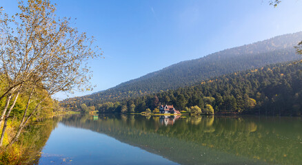 Bolu Golcuk Lake and famous house view with reflections.