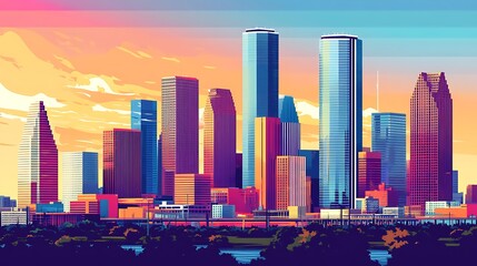 Vibrant Houston Skyline at Sunset, a Bold and Colorful Cityscape