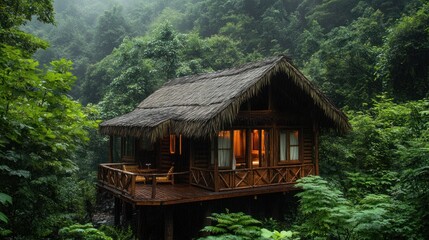 Medieval-inspired wooden cottage, thatched roof, dense forest setting 