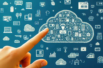 Cloud computing concept with hand interacting with digital data graphics against a blue background. Generative AI