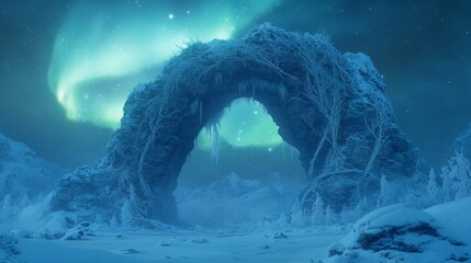 A Snow-Covered Stone Archway Under a Starry, Northern Lights Sky