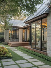Obraz premium Modern Contemporary Home with Floor-to-Ceiling Windows and Beautiful Landscaping
