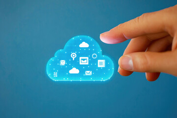 Digital cloud technology concept with icons and hand interaction in a blue background environment. Generative AI