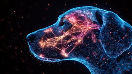Anatomical features and neurological connections are highlighted in this digital representation of a dog's nervous system with brain overlay on a black background.
