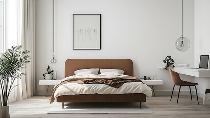 Beautiful Colored Mockup Bedroom Interior Blank Poster Decoration Art Background Image, generative AI