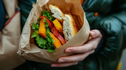 Close Up of a Delicious Grilled Sandwich in a Paper Bag