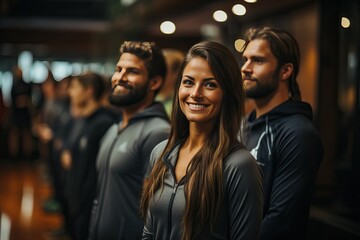 Fototapeta premium A female fitness trainer and male trainers are waiting for their clients.
