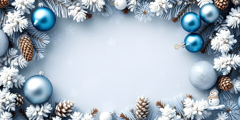 Fototapeta premium Christmas background with ornaments, pine cones, presents. Christmas background