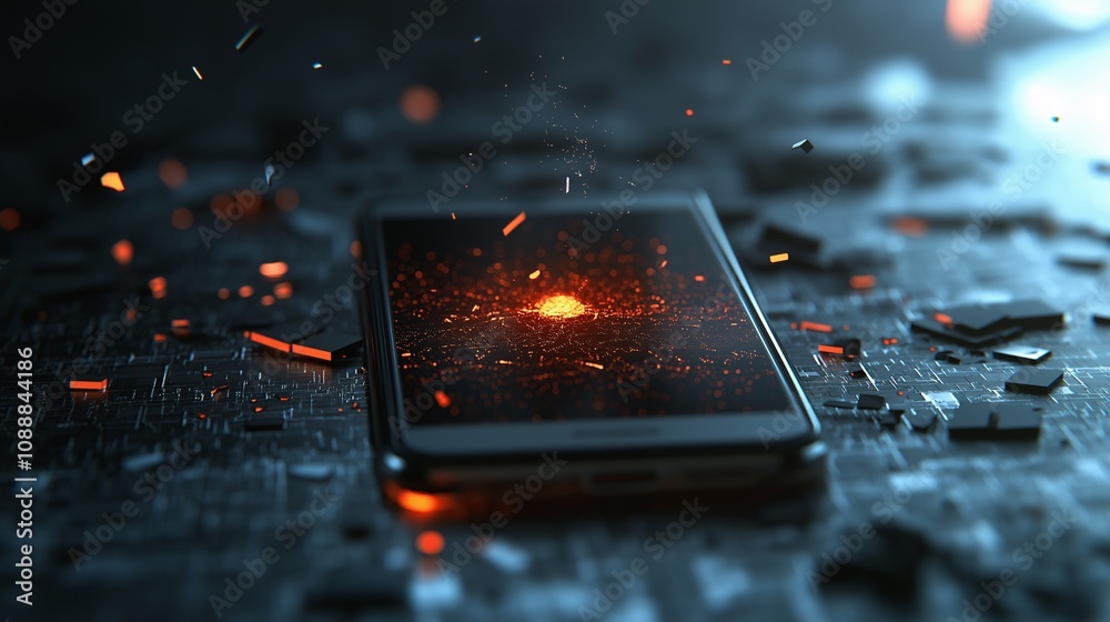 Poster conceptual design of a smartphone displaying a vibrant abstract visualization over a high-tech futur
