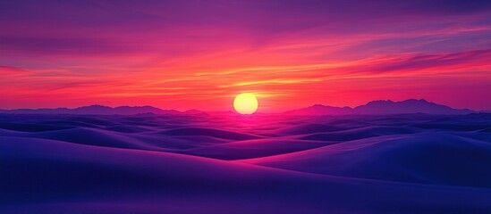 Fototapeta premium A vibrant sunset over rolling sand dunes, showcasing a serene and colorful desert landscape.