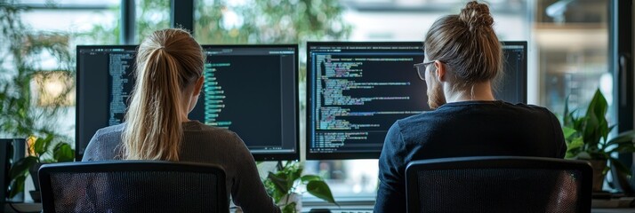 A dual workstation setup with two individuals focusing intently on their screens, showcasing lines of code and a collaborative computing environment illuminated by natural light.