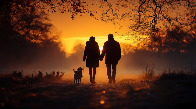 Couple and dog walking hand in hand during sunset in a tranquil landscape. Generative AI - Powered by Adobe