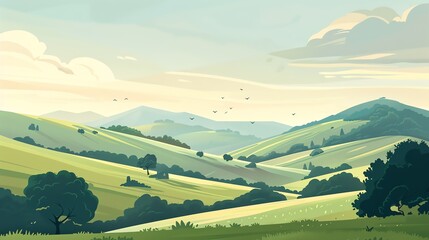 A cartoon style landscape of green rolling hills with a blue sky and clouds.