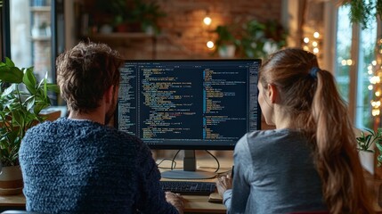 A couple of programmers engaging in coding work, demonstrating teamwork and collaboration in a cozy workspace filled with plants, emphasizing a balance of nature and technology.