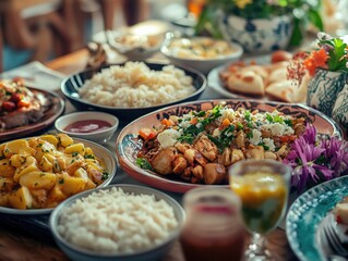 Delicious and diverse assortment of Asian foods including rice, stir fry meats, vegetables, spices, and garnish, displayed on a dining table for an international culinary experience.