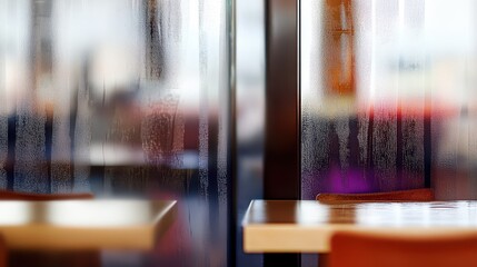 Foggy window view of empty cafe tables and chairs.