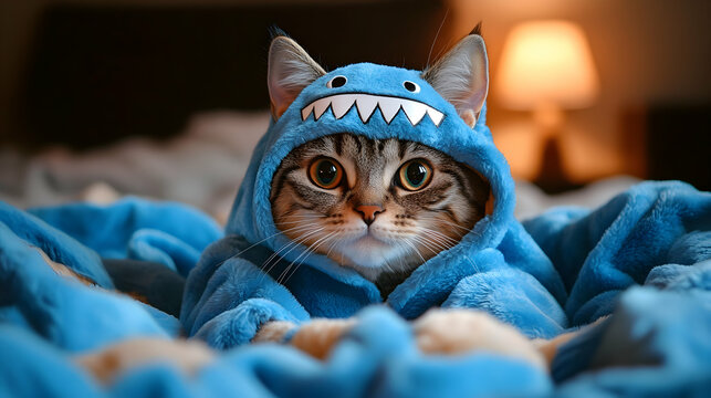 Adorable Tabby Cat Wearing a Blue Monster Hoodie Cozying Up in a Soft Blanket
