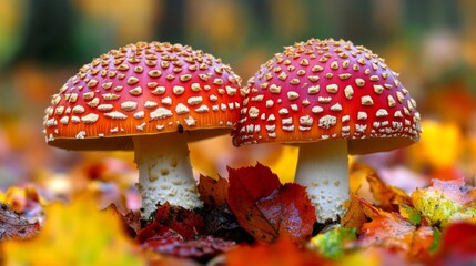 Obraz premium Two Red and White Spotted Mushrooms in Autumn Leaves
