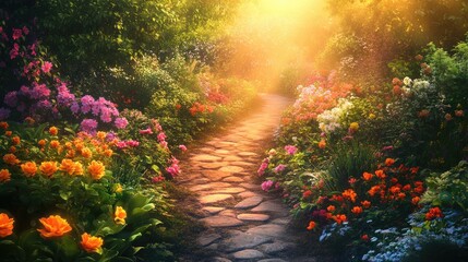 Fototapeta premium Dreamy Garden Path at Sunrise Delight