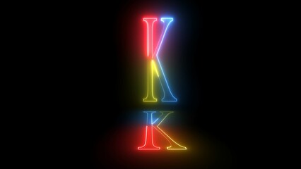 Glowing neon capital letter alphabet K animation. Letter "K" on black background. Educational concept.