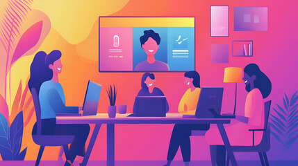 Fototapeta premium Group of remote workers laughing during a video call relaxed home backgrounds for each participant Copy space