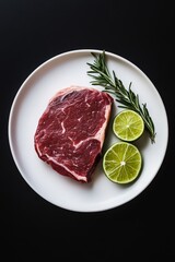 Fototapeta premium Raw ribeye steak garnished with rosemary and lime on white plate against black background