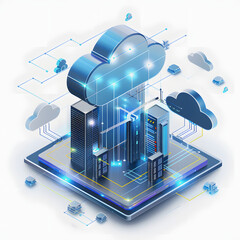 seamless hybrid cloud environment with integrated on premise and cloud services powering digital transformation with a white accent, detailed, png