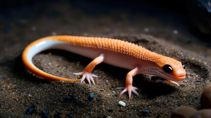 A small orange and white lizard is on the ground