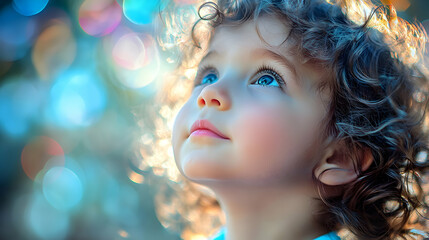 Fototapeta premium Curly-haired Toddler Gazes Upwards, Blue Eyes Wide with Wonder, in a Dreamlike Bokeh Background.