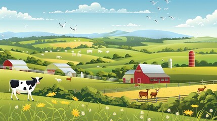 A cartoon style illustration of a farm scene with a red barn, a silo, and a cow.
