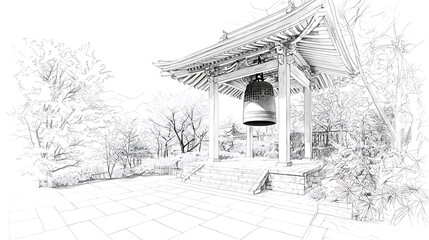 Line art of Japanese temple bell tower surrounded by nature, showcasing intricate architectural details and serene surroundings