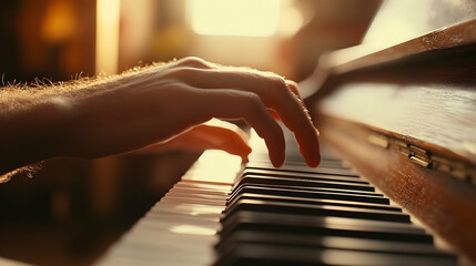 Close-up of Hands Gently Playing a Piano Keyboard in Warm Sunlight
