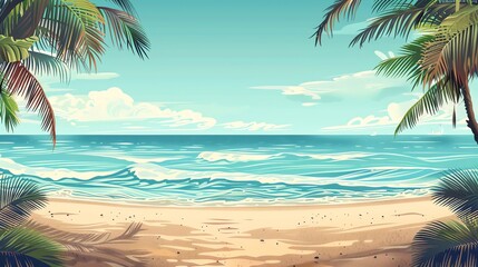 Naklejka premium A cartoon illustration of a tropical beach scene with palm trees, a blue sky, and calm ocean waves.