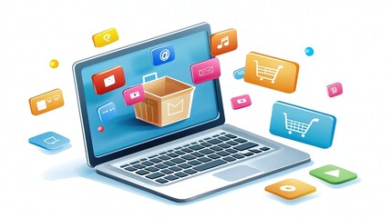 Online Shopping and E-commerce Concept with Laptop and App Icons