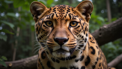 Fototapeta premium Jaguar Looking at Camera Close-Up in Forest