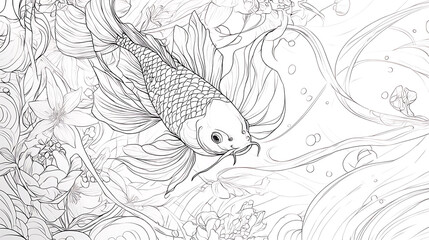 Naklejka premium detailed line art illustration of traditional Japanese carp swimming among flowers and flowing water, capturing serene and artistic essence