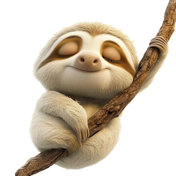 A 3d cartoon  colored sloth is sleeping on the branch of a tree on transparent background. 