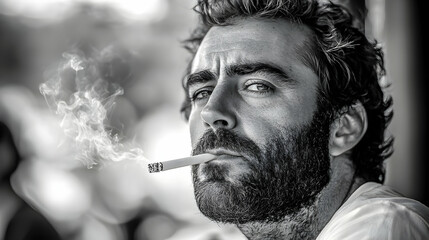Fototapeta premium Black and White Photo of a Bearded Man Smoking a Cigarette Outdoors