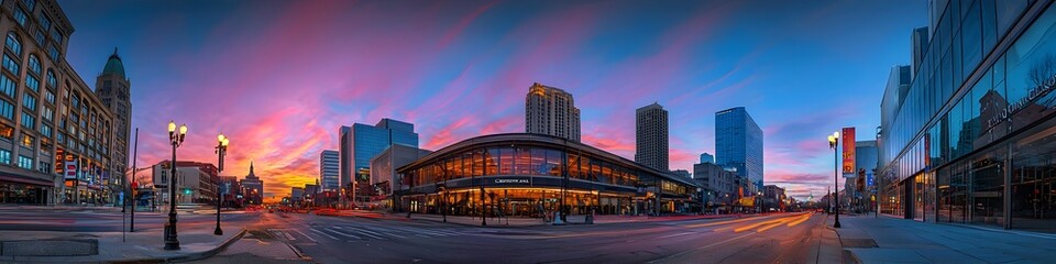 Obraz premium A vibrant cityscape of Illinois at dusk, showcasing the iconic landmark with high-rise buildings . The sky is painted with hues of blue and purple as the sun sets behind them, casting long shadows