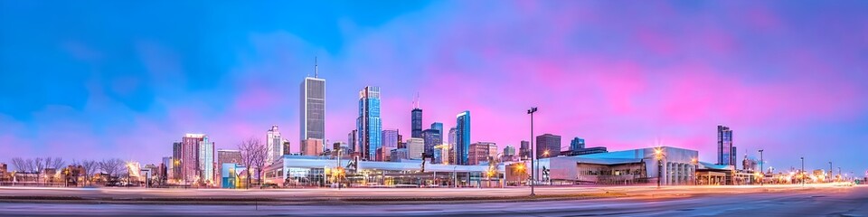 Obraz premium A vibrant cityscape of Illinois at dusk, showcasing the iconic landmark with high-rise buildings . The sky is painted with hues of blue and purple as the sun sets behind them, casting long shadows