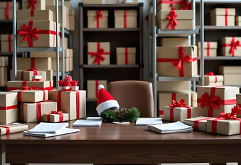 An office space full of Christmas boxes and gifts with red Santa hat on the table and few wrapped presents during a holiday season 