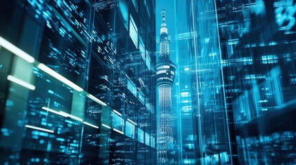 Futuristic cityscape with digital data streams overlaying a tower.