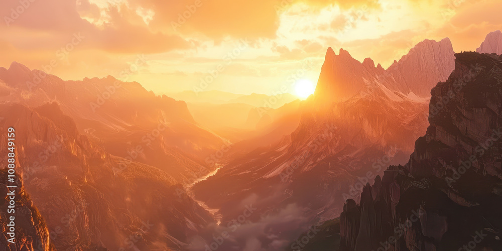 Poster A beautiful mountain range with a river running through it